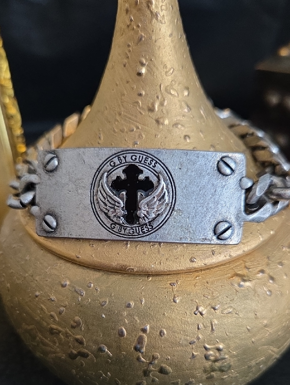 G By GUESS Silver-Tone Cross & Wings ID Bracelet